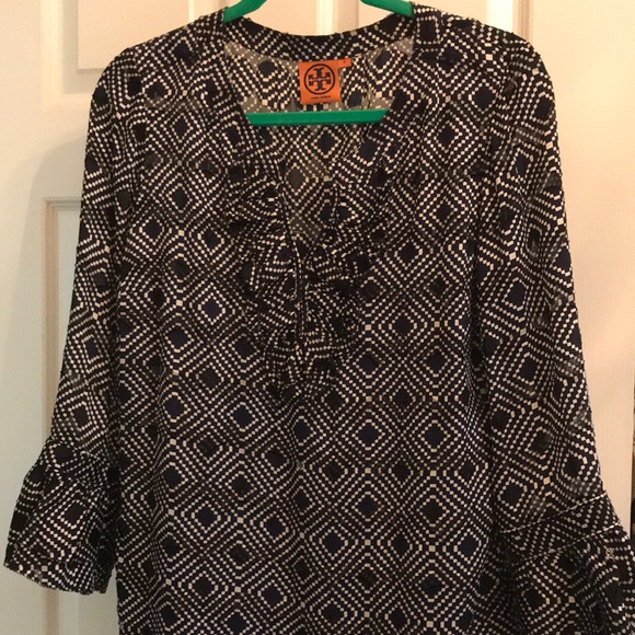 Tory Burch Ruffle Blouse Navy White Diamond Sheer Tunic Ruffle Blouse Shirt 8 - Picture 2 of 7